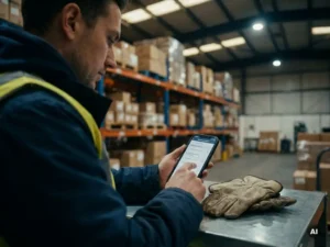 Warehouse worker reviewing a workplace safety checklist on a smartphone, with worn work gloves resting nearby on a concrete floor.