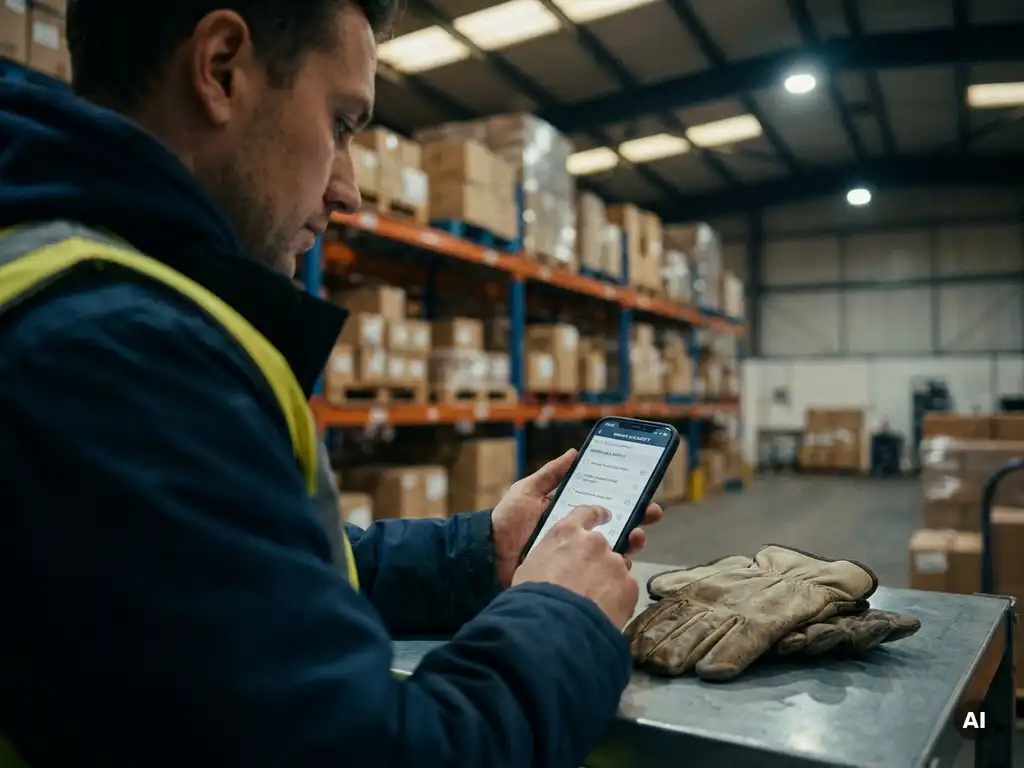 Warehouse worker reviewing a workplace safety checklist on a smartphone, with worn work gloves resting nearby on a concrete floor.