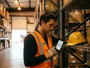 Warehouse worker in high-visibility vest reading a safety message on a smartphone, hard hat resting on a nearby metal shelf.
