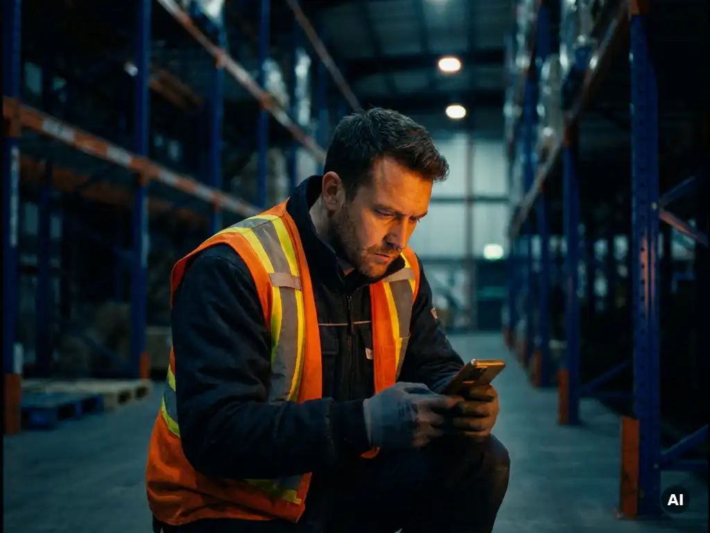 Warehouse worker in high-visibility vest reading safety instructions on smartphone in dimly lit industrial facility at night.