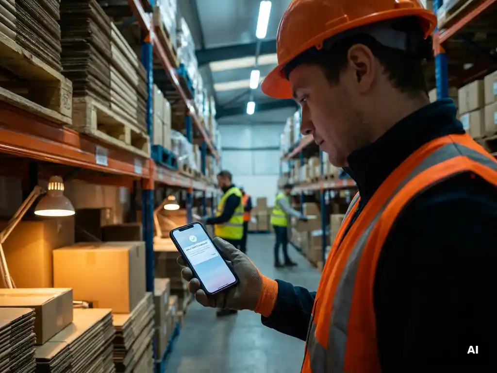 Warehouse worker in a hard hat reviewing a safety checklist on a smartphone near industrial shelving in a logistics facility.