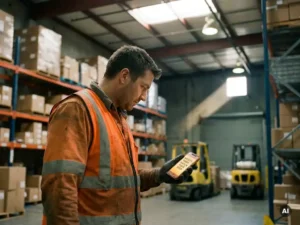 Warehouse worker in high-visibility vest reading a safety instruction message on a smartphone during a shift, steel shelving and forklifts blurred behind.