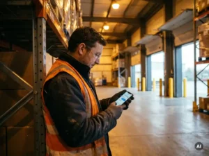 Warehouse worker in high-visibility vest checking a smartphone message beside tall metal shelving racks during a shift.