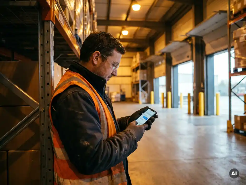 Warehouse worker in high-visibility vest checking a smartphone message beside tall metal shelving racks during a shift.