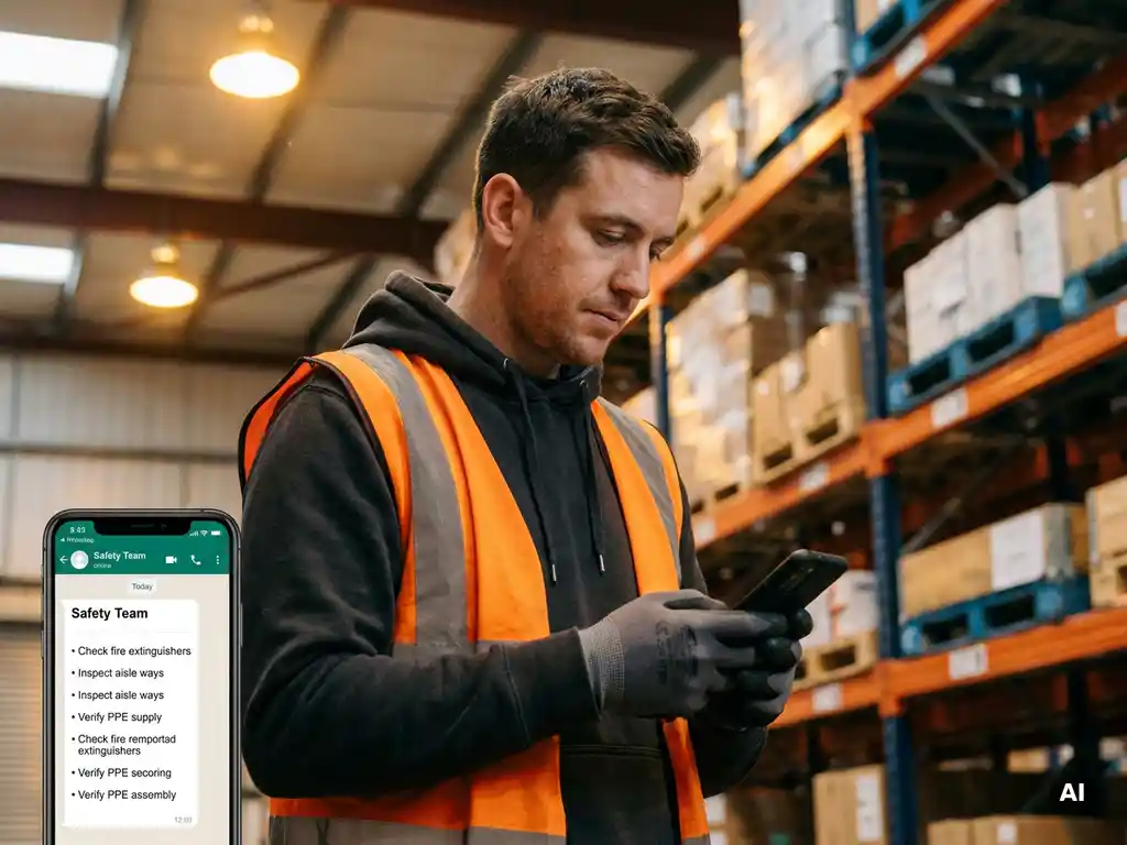 Warehouse worker in high-visibility vest reviewing a WhatsApp safety checklist on a smartphone among industrial shelving.