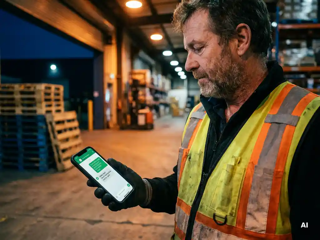 Warehouse worker in a high-visibility vest reading a safety message on a smartphone near a loading dock with stacked pallets.
