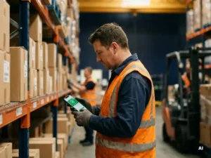 Warehouse worker in high-visibility vest reading a safety message on a smartphone near industrial shelving in a logistics facility.
