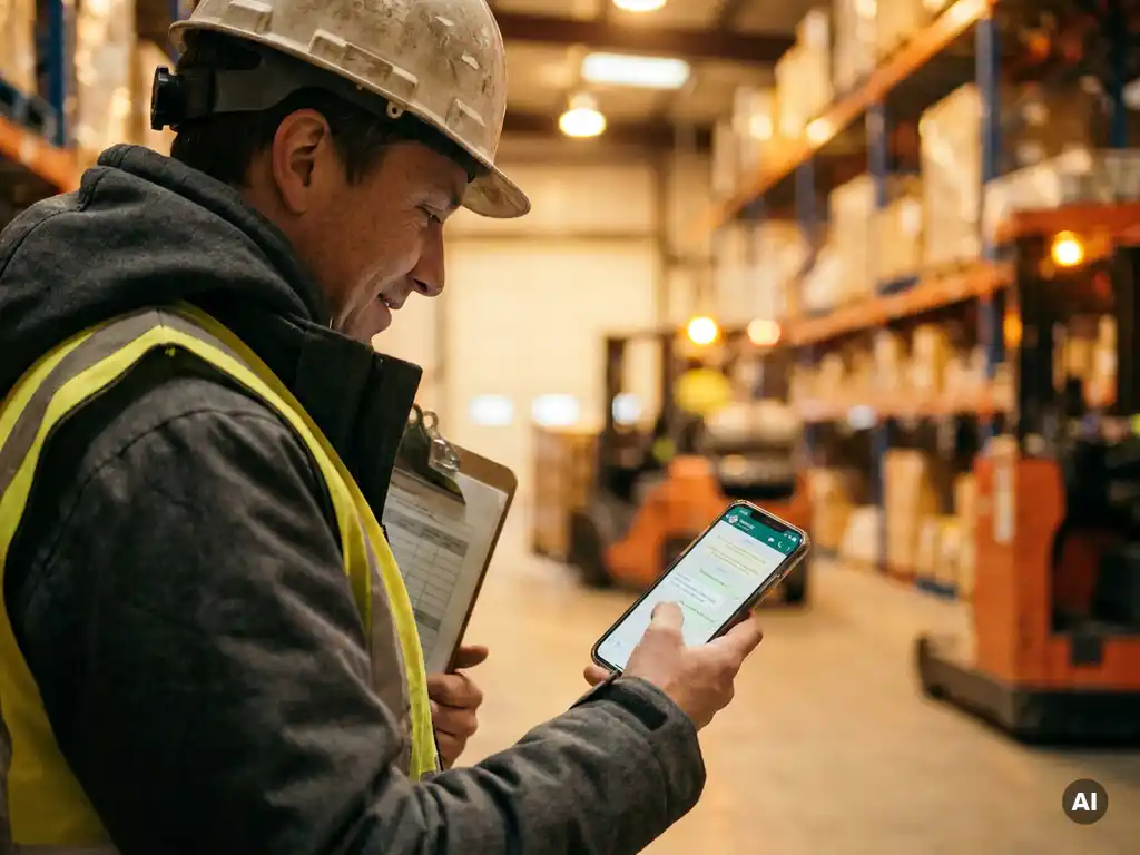 Warehouse worker in hard hat checking smartphone messages, clipboard under arm, with industrial shelving and forklifts blurred in background.