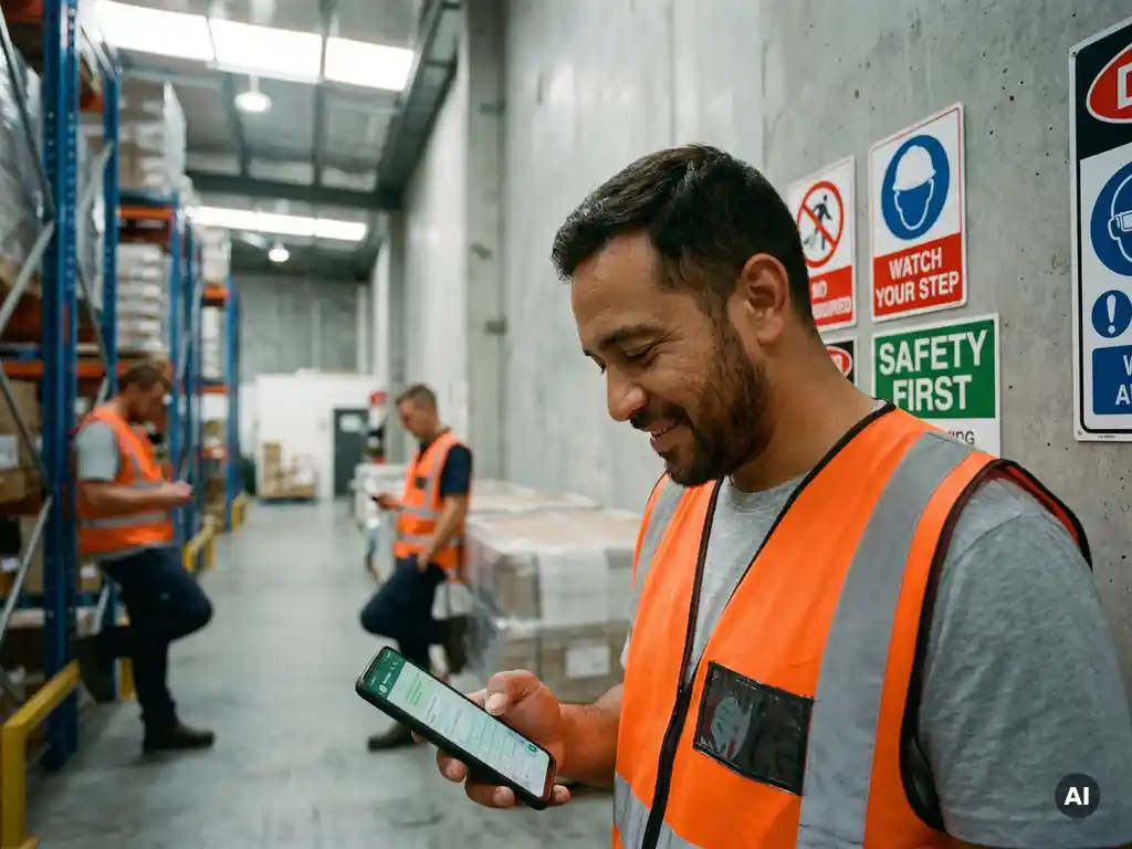 Warehouse worker in high-visibility vest checking a smartphone message, safety signage on concrete wall behind, colleagues pausing work in background.