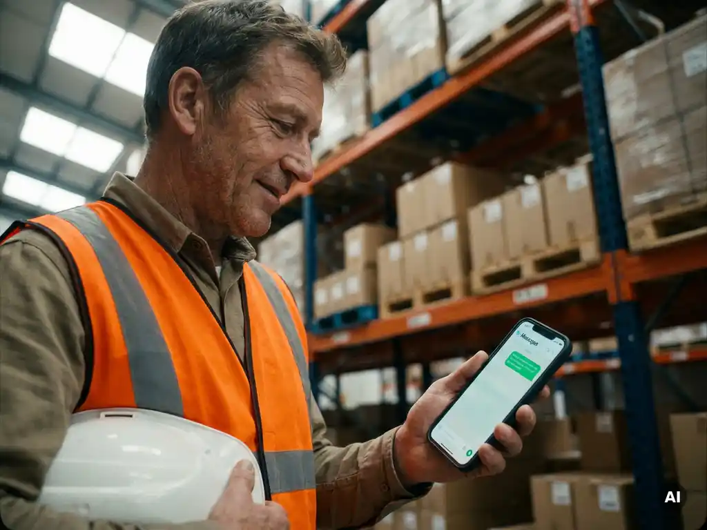 Warehouse worker in safety vest reading a smartphone message mid-shift, hard hat under arm, industrial shelving in background.