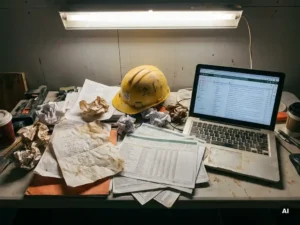 Rommelig bouwplaatsbureau met verfrommelde papieren formulieren, Excel-uitdraaien en overvolle e-mailinbox op laptop, gele helm ernaast.