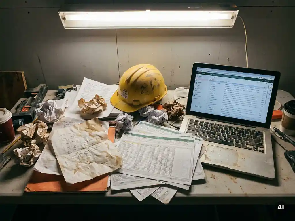 Rommelig bouwplaatsbureau met verfrommelde papieren formulieren, Excel-uitdraaien en overvolle e-mailinbox op laptop, gele helm ernaast.
