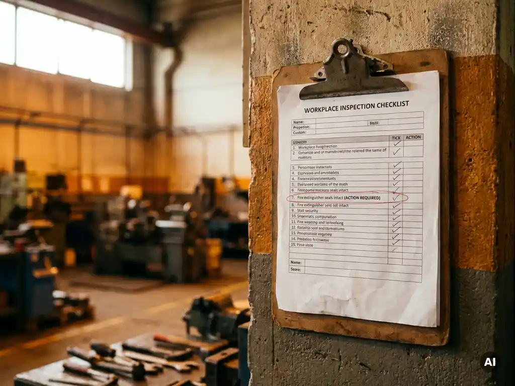 Klembord met werkplekinspectielijst op fabrieksachtergrond, één onafgevinkt actiepunt omcirkeld met rode pen.