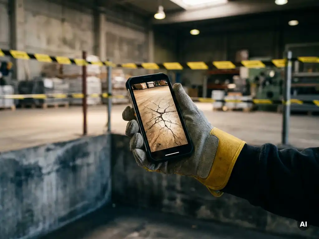 Gloved worker photographing a cracked concrete floor with a smartphone on an industrial job site, caution tape visible in the background.