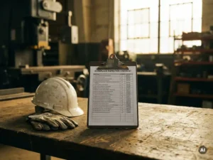 Completed workplace inspection checklist on a clipboard beside a hard hat and safety gloves on an industrial workbench.