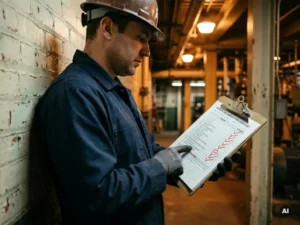 Worker in hard hat reviewing a completed workplace inspection checklist on a clipboard, with bold red checkmarks visible under factory lighting.