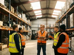 Site supervisor with clipboard leading a workplace inspection, workers in high-visibility vests attentive nearby in an industrial warehouse.