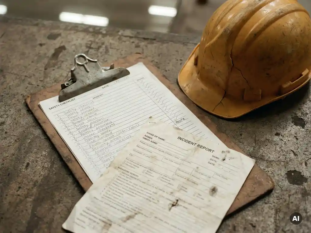 Worn safety inspection clipboard with handwritten checklist beside a cracked hard hat and faded incident report on a concrete factory floor.