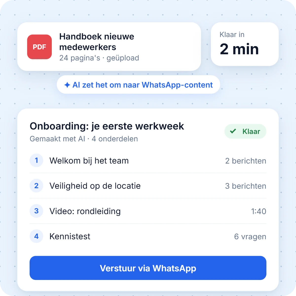 Met AI een handboek omzetten naar een onboarding voor WhatsApp, met kennistest