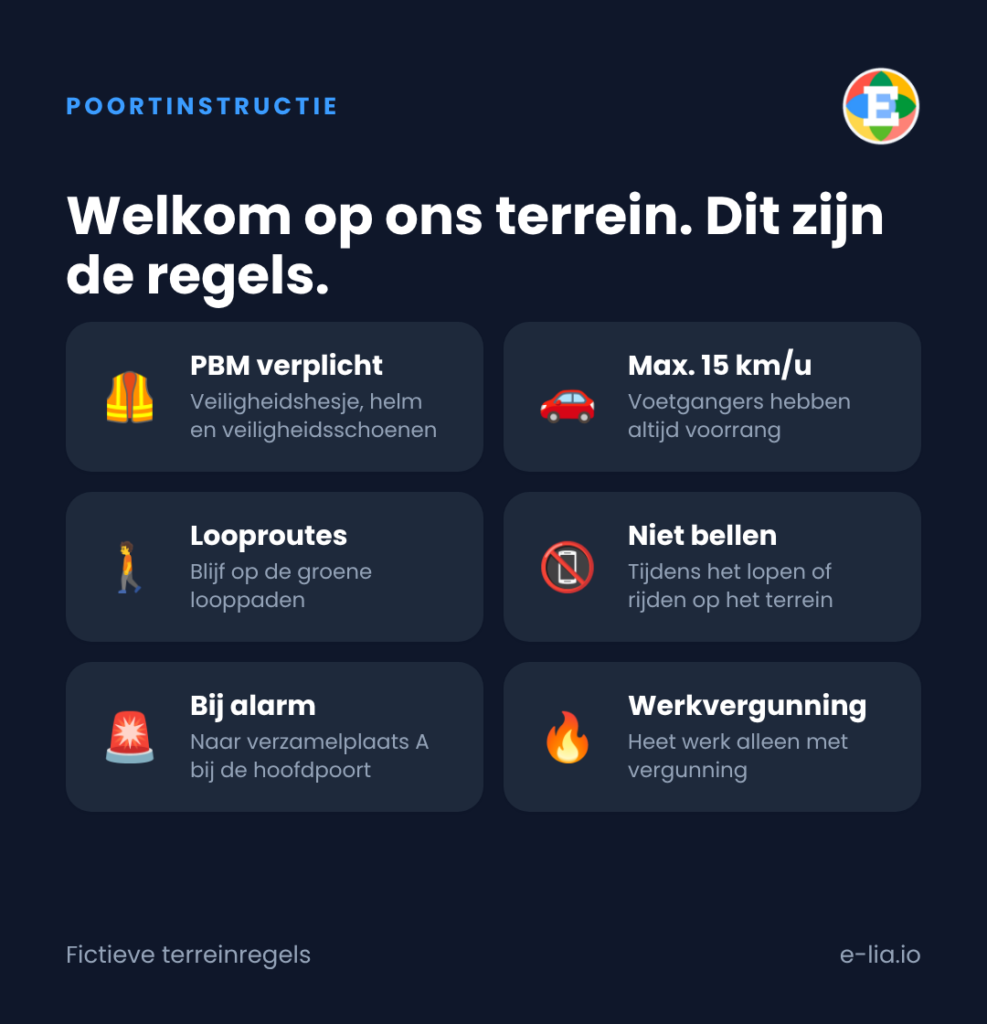 Voorbeeld van terreinregels in een poortinstructie: PBM, snelheid, looproutes, niet bellen, alarm en werkvergunning
